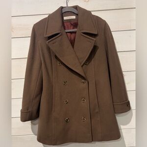 Perry Ellis Portfolio 100% Merino Wool Brown Double-Breasted Pea Coat in size 8